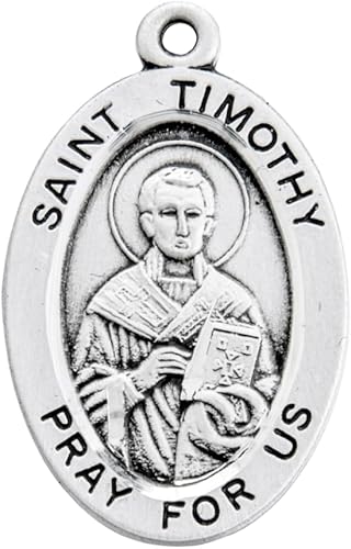 Saint Timothy Sterling Silver Oval Medal Necklace — 20" Chain, Made in USA