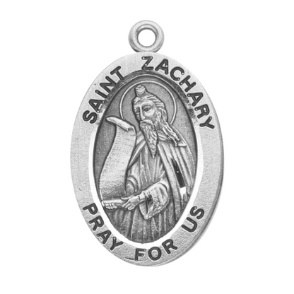 Saint Zachary Sterling Silver Oval Medal Necklace — 20" Chain, Made in USA