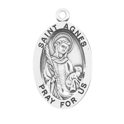 Saint Agnes Sterling Silver Oval Medal Pendant — 18" Chain, Made in USA, Gift Box
