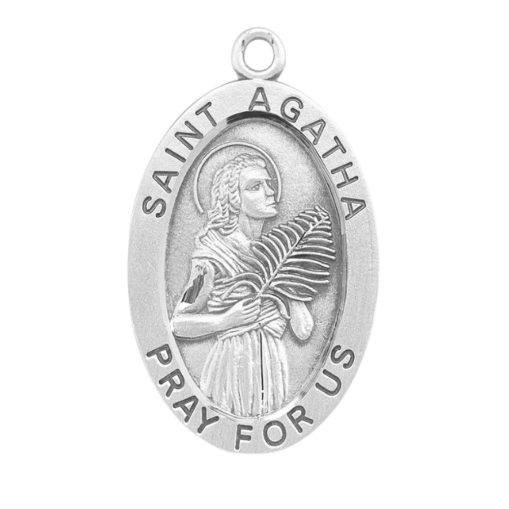 Saint Agatha Sterling Silver Oval Medal Necklace - 18" Chain, Gift Box Included