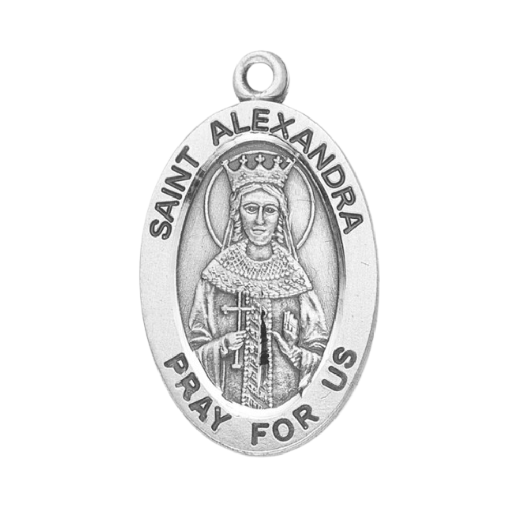 Saint Alexandra Sterling Silver Oval Medal Pendant — 18" Chain, Gift Box