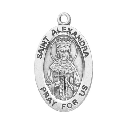 Saint Alexandra Sterling Silver Oval Medal Pendant — 18" Chain, Gift Box