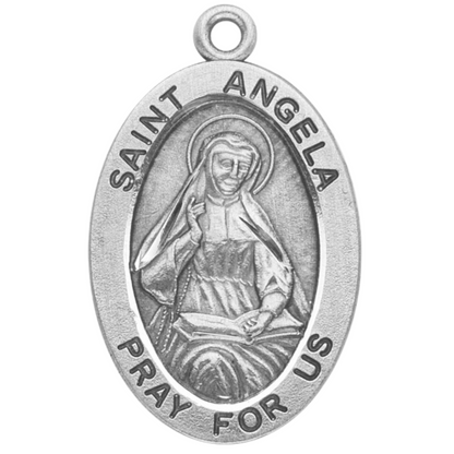 Saint Angela Sterling Silver Medal Pendant — 18" Chain, Made in USA, Gift Box