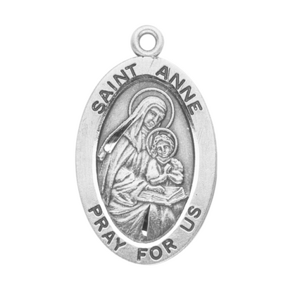 Saint Anne Sterling Silver Oval Medal Necklace — 18" Chain, Made in USA, Boxed