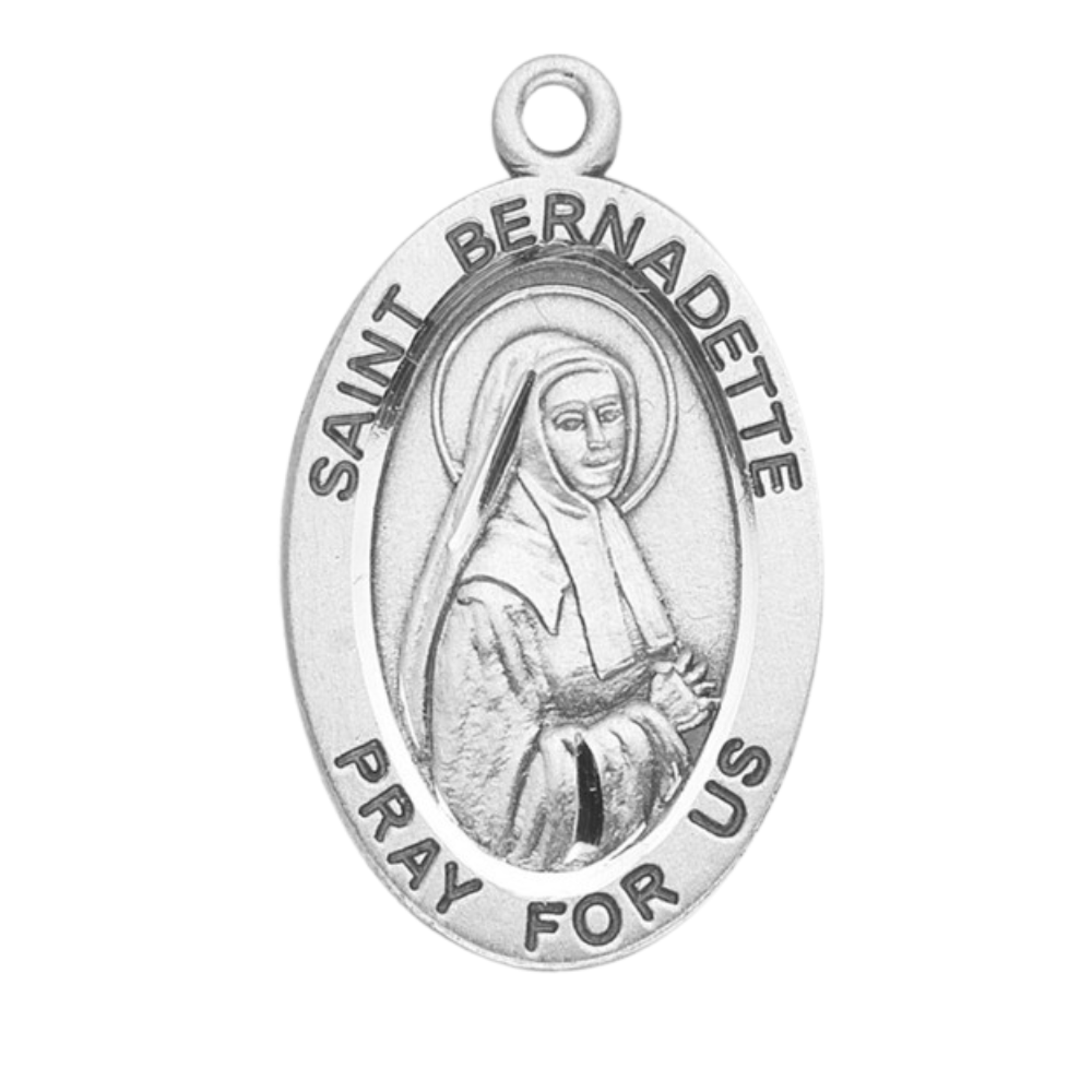 Saint Bernadette Sterling Silver Oval Medal Necklace — 18 Inch Chain, USA Made