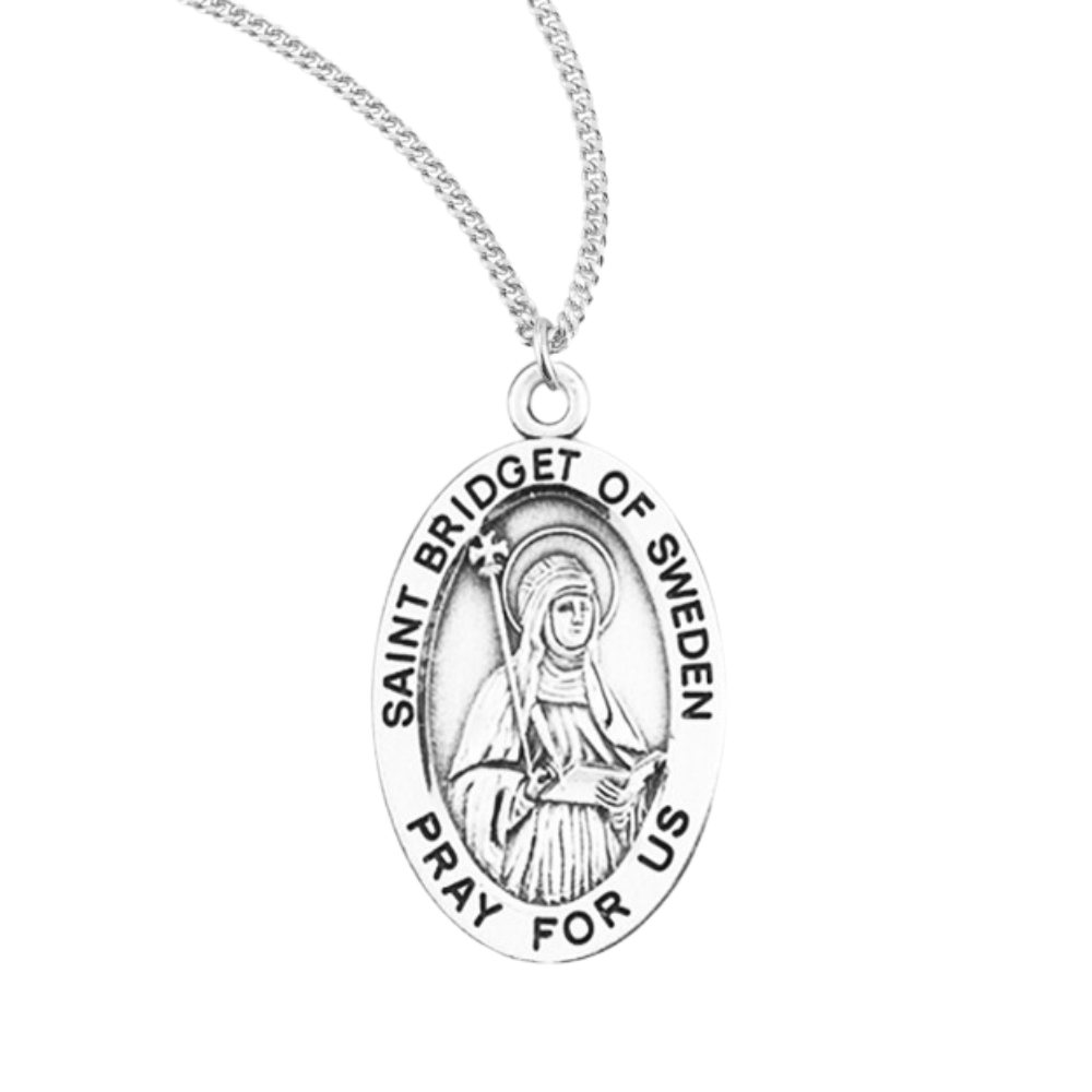 Patron Saint Bridget of Sweden Oval Sterling Silver Medal, Catholic Gift, Made in USA