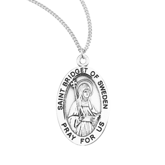 Patron Saint Bridget of Sweden Oval Sterling Silver Medal, Catholic Gift, Made in USA