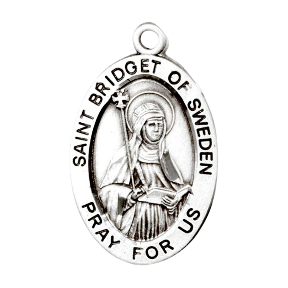 Saint Bridget of Sweden Sterling Silver Oval Medal — 18" Chain, Gift Box