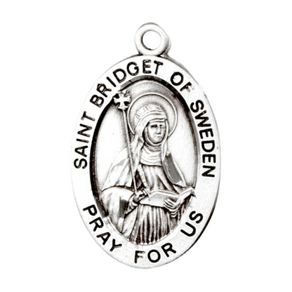Saint Bridget of Sweden Sterling Silver Oval Medal — 18" Chain, Gift Box