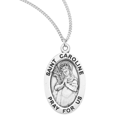 Patron Saint Caroline Oval Sterling Silver Medal, Catholic Gift, Made in USA