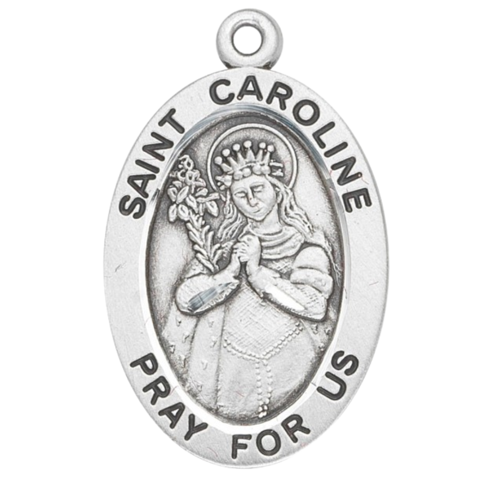 Saint Caroline Sterling Silver Medal Necklace — 18" Chain, Gift Box Included