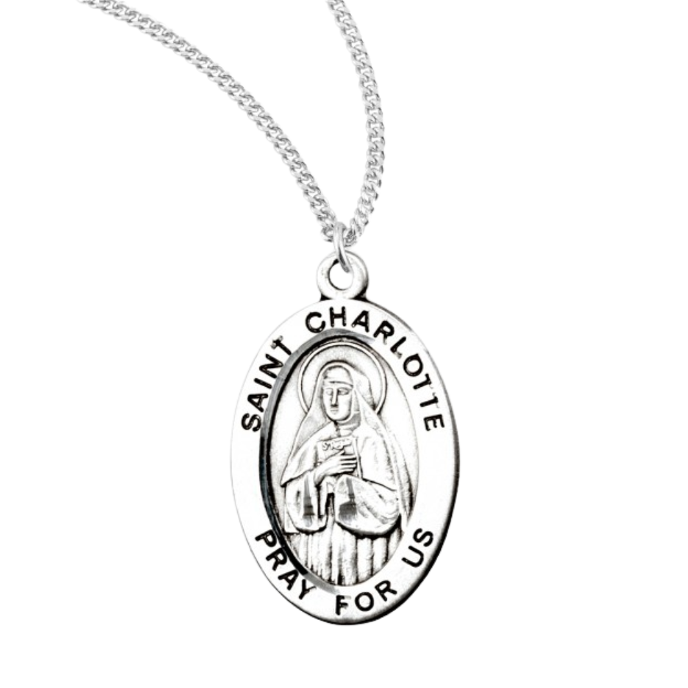 Patron Saint Charlotte Oval Sterling Silver Medal, Catholic Gift, Made in USA