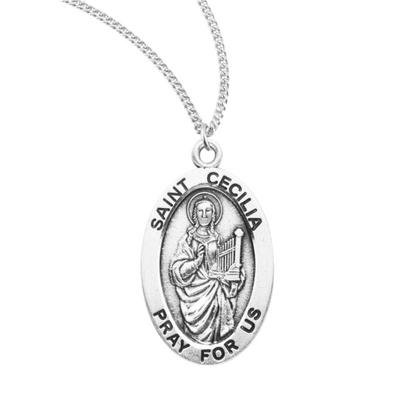 Patron Saint Cecilia Oval Sterling Silver Medal, Catholic Gift, Made in USA