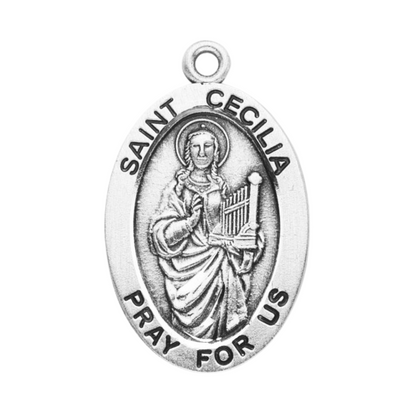 St. Cecilia Sterling Silver Oval Medal Pendant — 18" Chain, Gift Box Included