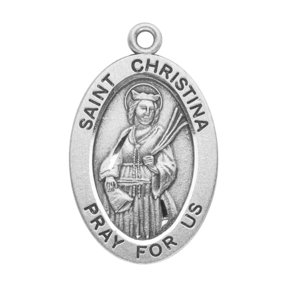 Saint Christina Sterling Silver Oval Medal Pendant Necklace — 18" Chain, Gift Box