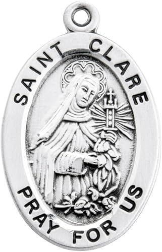 Saint Clare Sterling Silver Oval Medal Necklace — 18" Chain, Made in USA