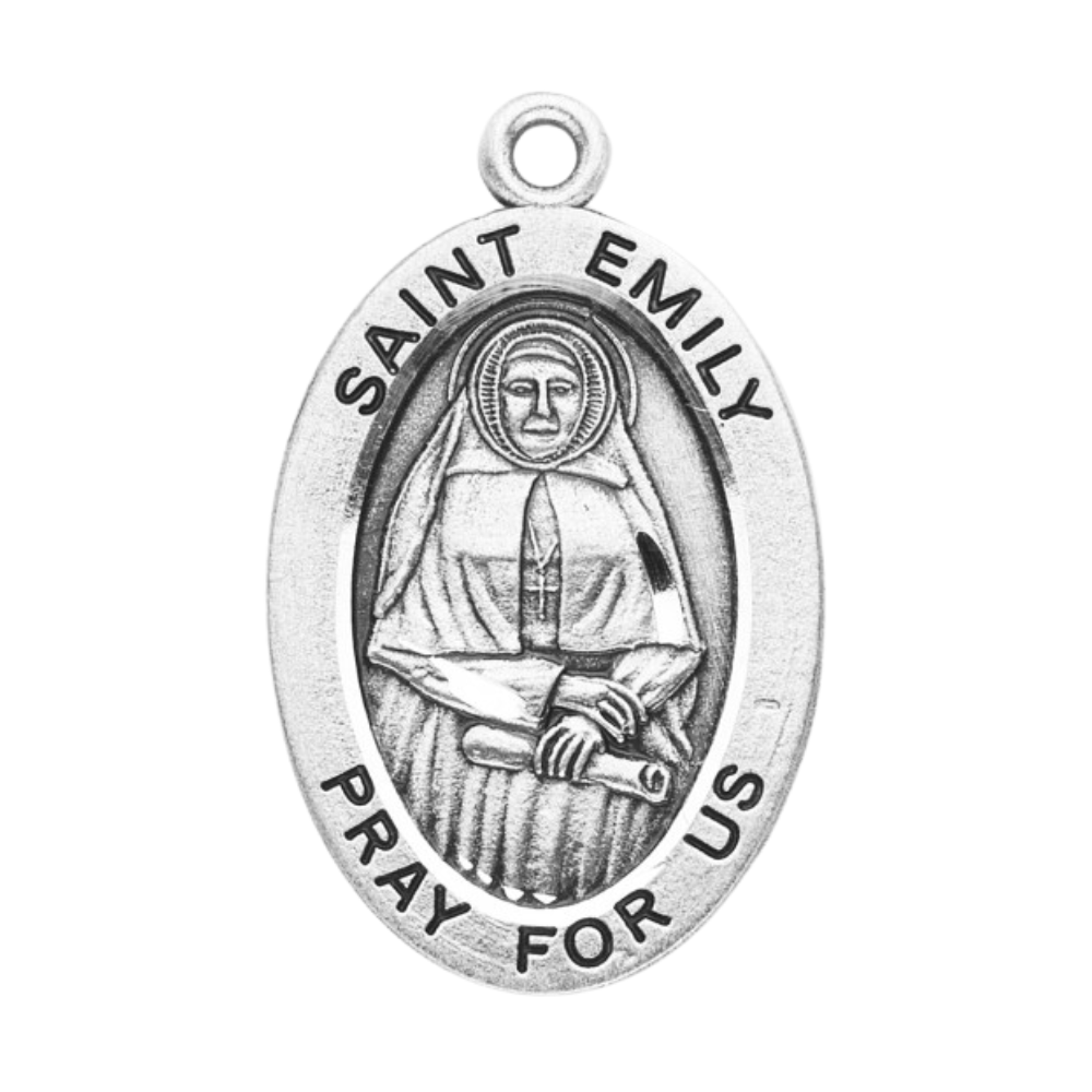 Saint Emily Sterling Silver Oval Medal Necklace — 18" Chain, Gift Box Included