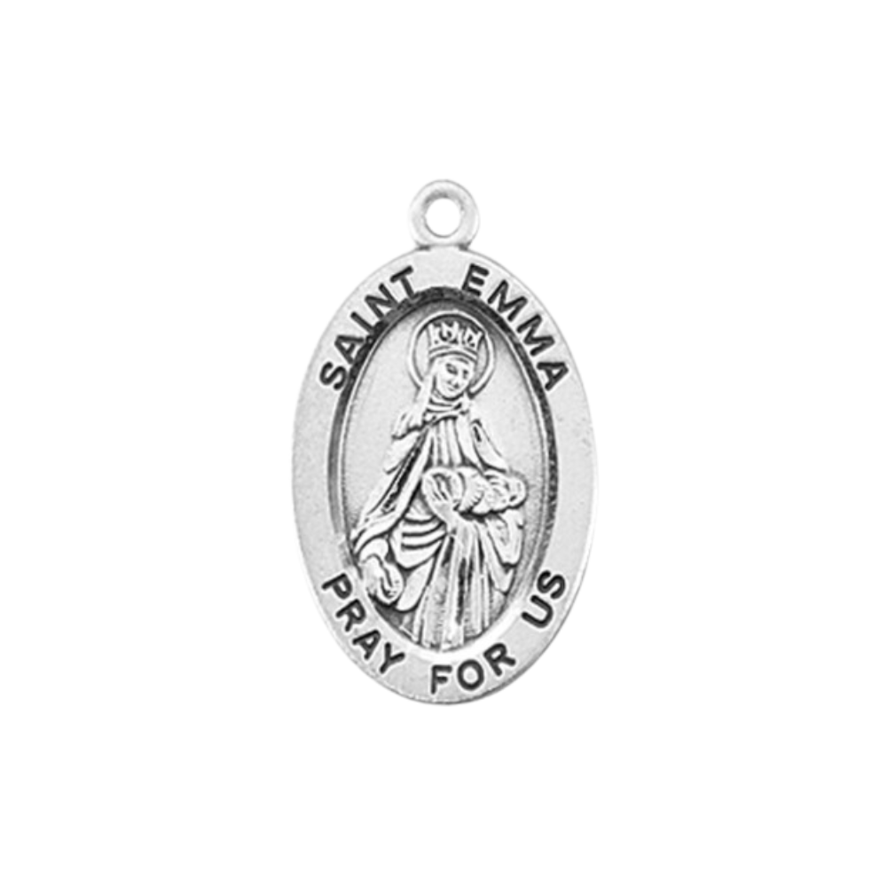 Saint Emma Sterling Silver Oval Medal Necklace — 18" Chain, Gift Box