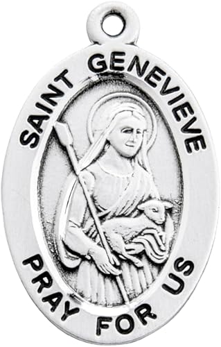 Saint Genevieve Oval Sterling Silver Medal Necklace — 18" Chain, Gift Boxed