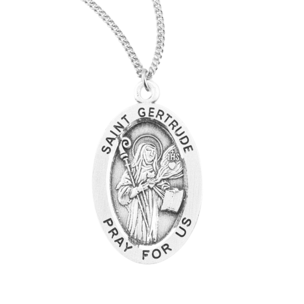 Patron Saint Gertrude Oval Sterling Silver Medal, Catholic Gift, Made in USA
