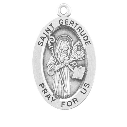 Saint Gertrude Sterling Silver Oval Medal Necklace — 18 Inch Chain, USA Made