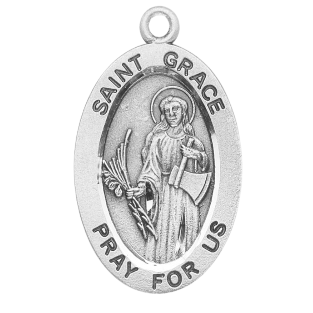 Saint Grace Oval Medal .925 Sterling Silver Pendant — 18" Chain, Gift Box