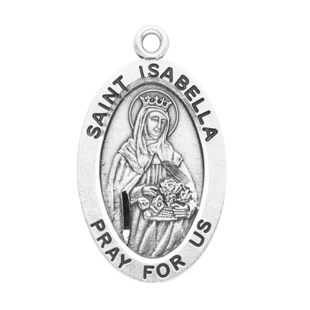 Saint Isabella Sterling Silver Oval Medal Necklace — 18" Chain, Gift Box