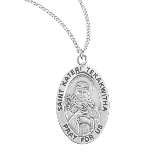 Patron Saint Kateri Tekakwitha Oval Sterling Silver Medal, Catholic Gift, Made in USA