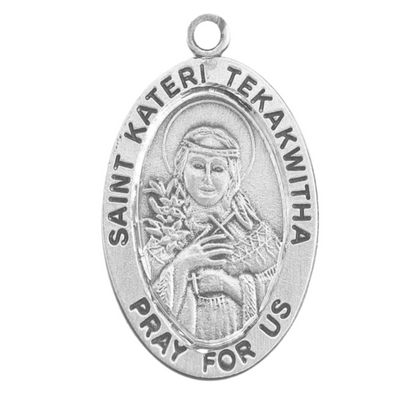 Saint Kateri Tekakwitha Sterling Silver Oval Medal Necklace — 18" Chain
