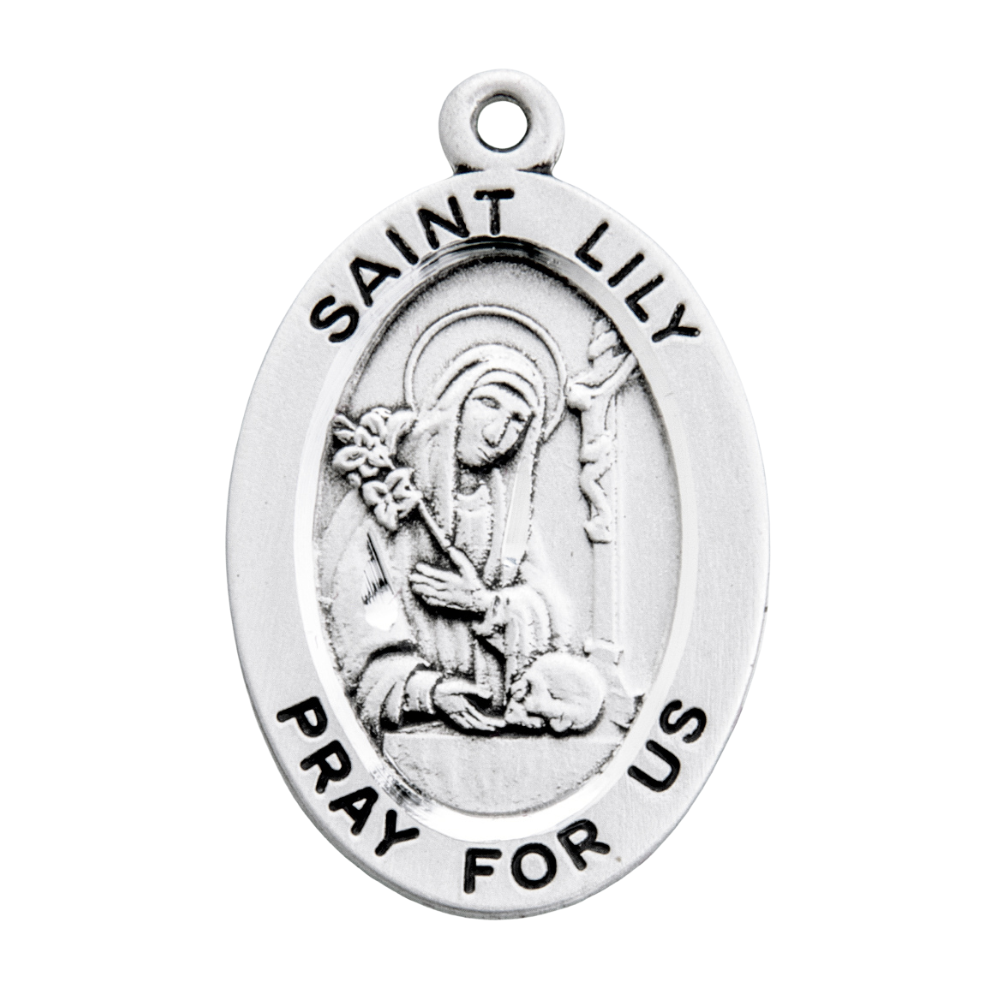 Saint Lily Sterling Silver Oval Medal Pendant — 18" Chain, Gift Box Included