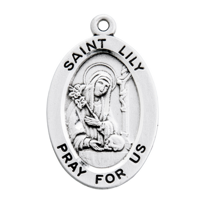 Saint Lily Sterling Silver Oval Medal Pendant — 18" Chain, Gift Box Included