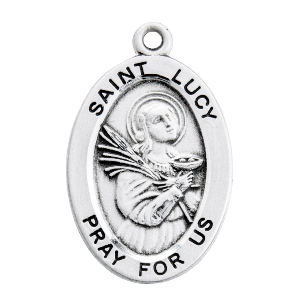 Saint Lucy Sterling Silver Oval Medal Necklace — 18" Chain, Gift Box Included