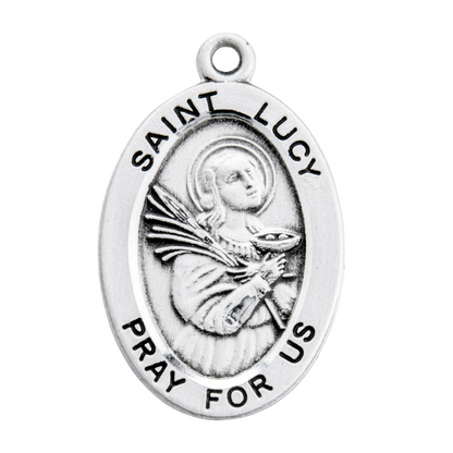 Saint Lucy Sterling Silver Oval Medal Necklace — 18" Chain, Gift Box Included