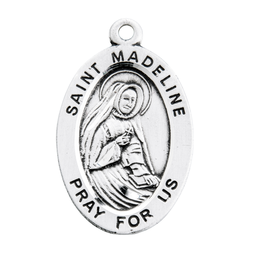 Saint Madeline Sterling Silver Oval Medal Necklace — 18" Chain, Made in USA