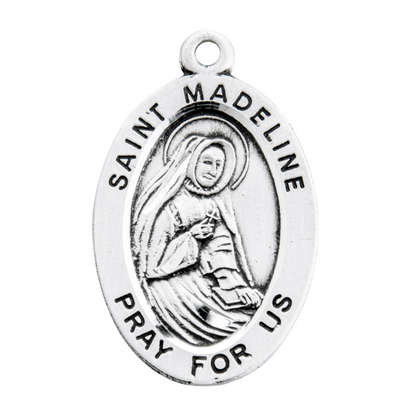 Saint Madeline Sterling Silver Oval Medal Necklace — 18" Chain, Made in USA