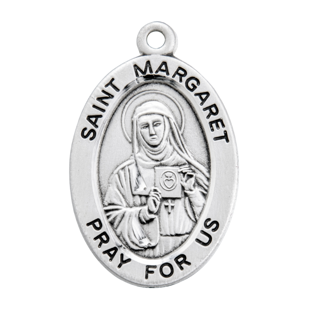 Saint Margaret Sterling Silver Oval Medal Pendant — 18" Chain, Gift Box Included