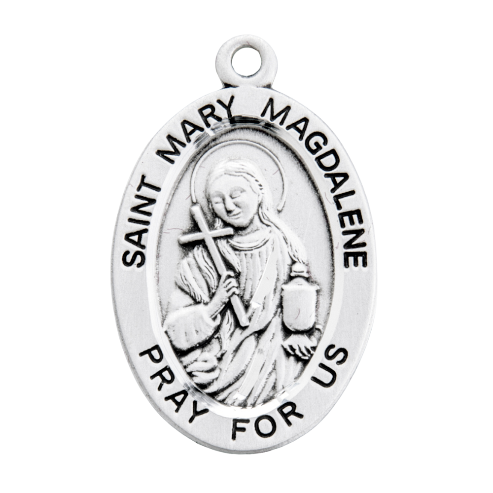 Saint Mary Magdalene Sterling Silver Oval Medal Necklace — 18" Chain, Gift Box