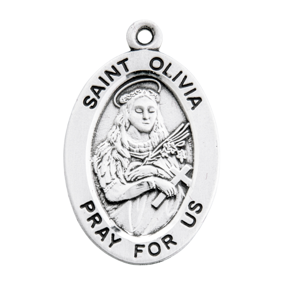 Saint Olivia Sterling Silver Oval Medal Necklace — 18" Chain, Gift Box Included