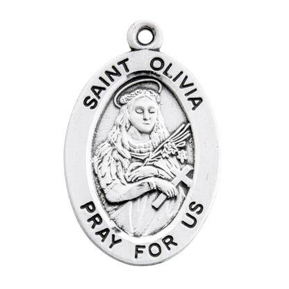 Saint Olivia Sterling Silver Oval Medal Necklace — 18" Chain, Gift Box Included