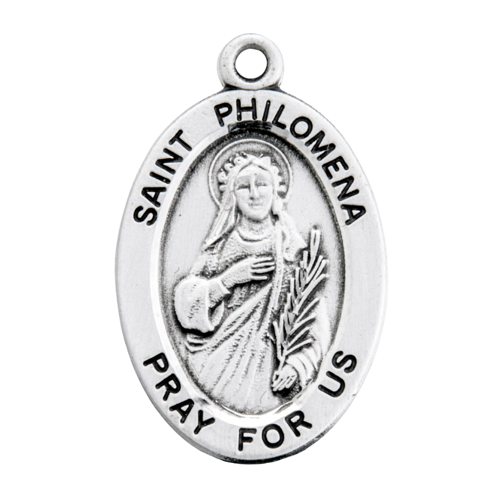 Saint Philomena Sterling Silver Oval Medal Necklace — 18" Chain, Made in USA