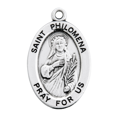 Saint Philomena Sterling Silver Oval Medal Necklace — 18" Chain, Made in USA