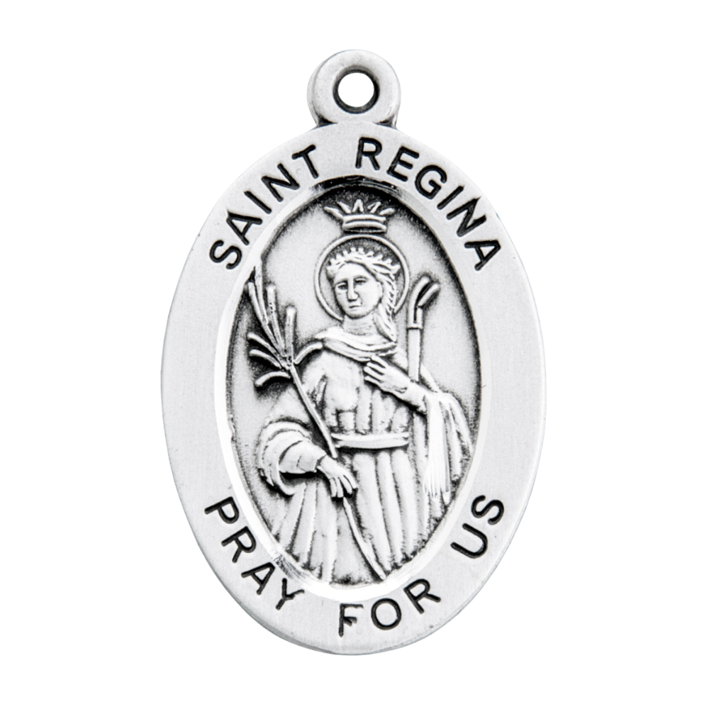 Saint Regina Sterling Silver Oval Medal Necklace — 18" Chain, Gift Box Included
