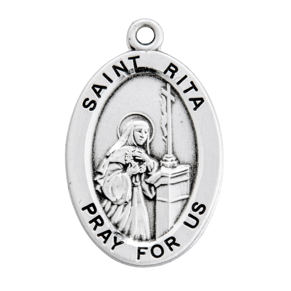 Saint Rita Sterling Silver Oval Medal Necklace — 18" Chain, Gift Box Included