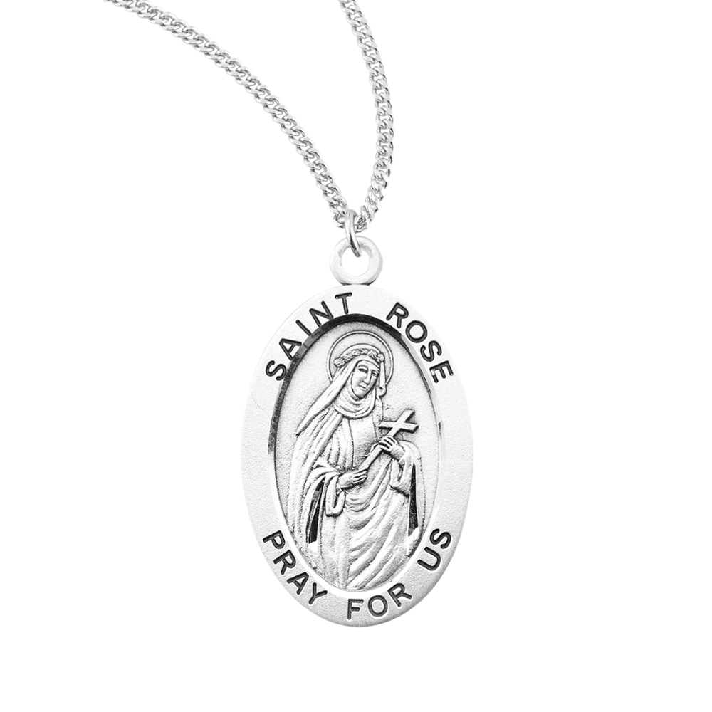 Patron Saint Rose Oval Sterling Silver Medal, Catholic Gift, Made in USA