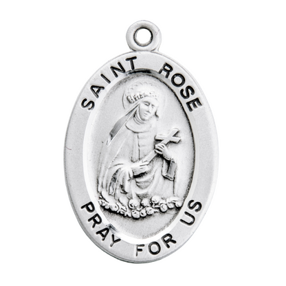 Saint Rose Sterling Silver Oval Medal Pendant Necklace — 18" Chain, Gift Box