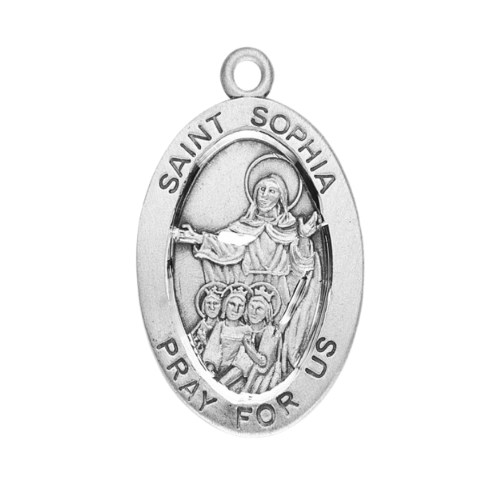 Saint Sophia Sterling Silver Oval Medal Necklace — 18" Chain, Made in USA