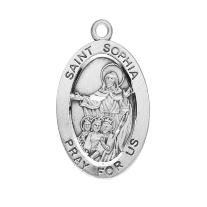 Saint Sophia Sterling Silver Oval Medal Necklace — 18" Chain, Made in USA