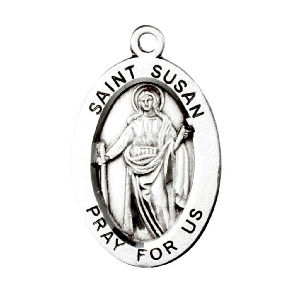 Saint Susan Sterling Silver Oval Medal — 18" Chain, Made in USA, Gift Box