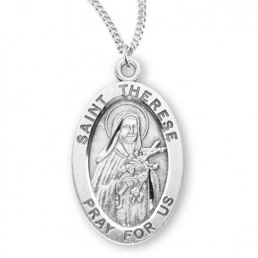 Patron Saint Therese of Lisieux Oval Sterling Silver Medal, Catholic Gift, Made in USA