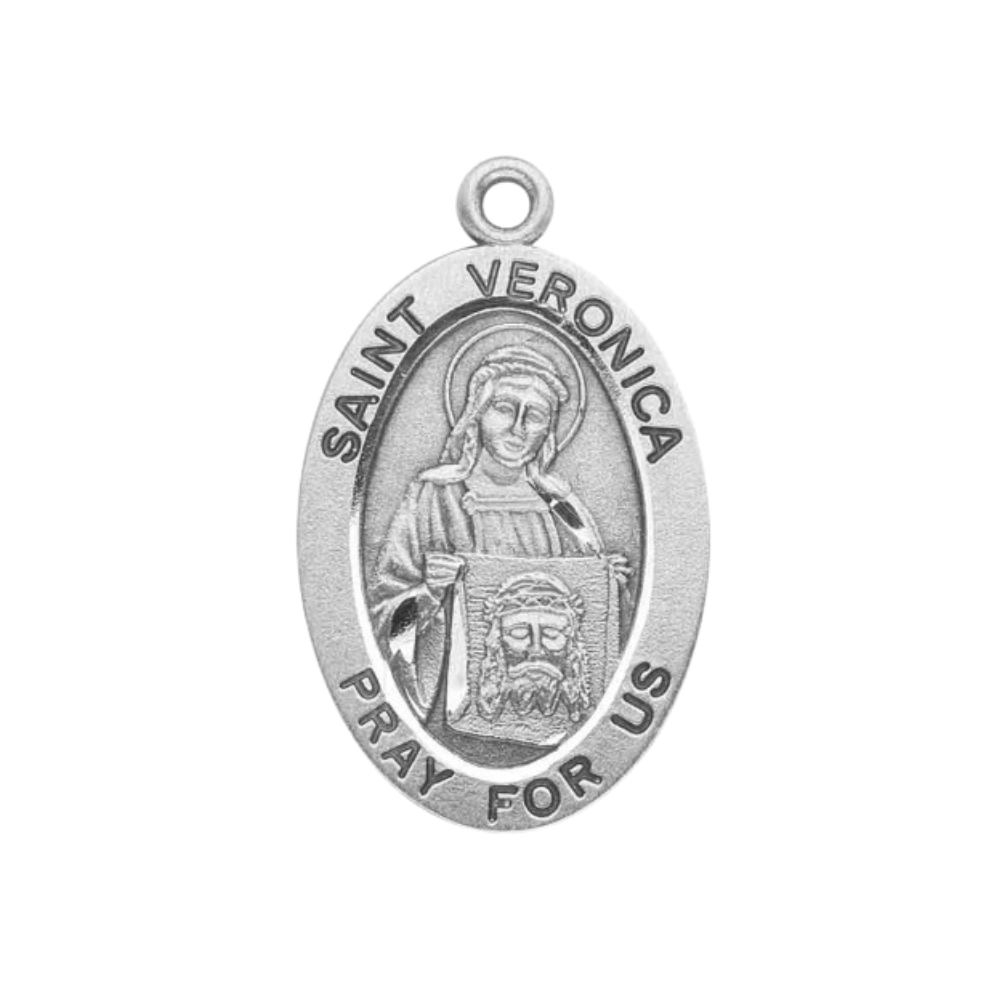 Saint Veronica Sterling Silver Oval Medal Necklace — 18 Inch Chain, Made in USA